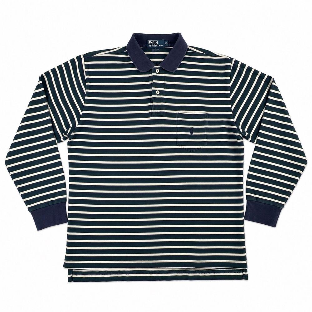 Polo Ralph Lauren Rugby Style Polo Shirt Mens XL Navy Green Stripe Long Sleeve